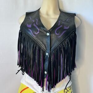 Vance Leathers USA Black Leather Fringe Vest Small Purple Flames Biker